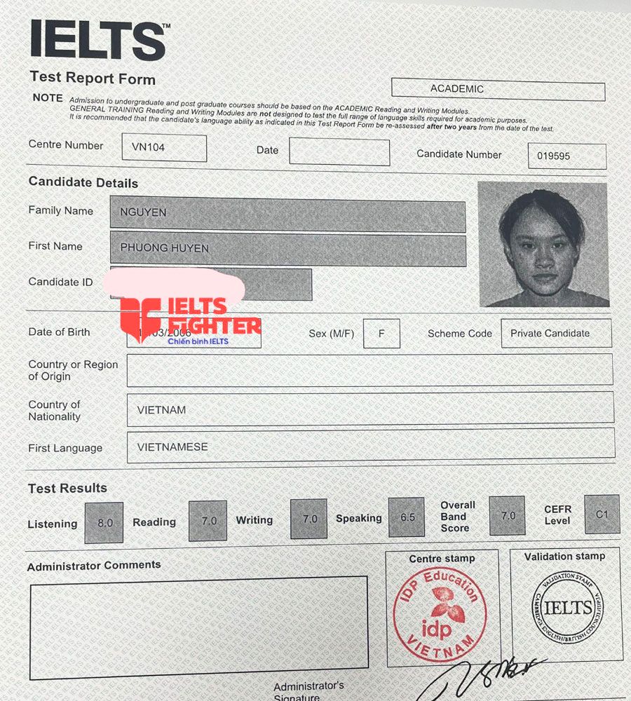 bảng điểm Phương huyền 7.0 IELTS