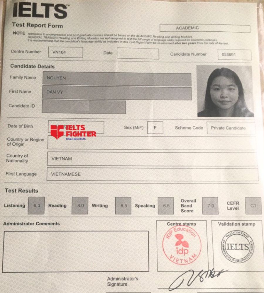 bảng điểm Đan Vy 7.0 IELTS