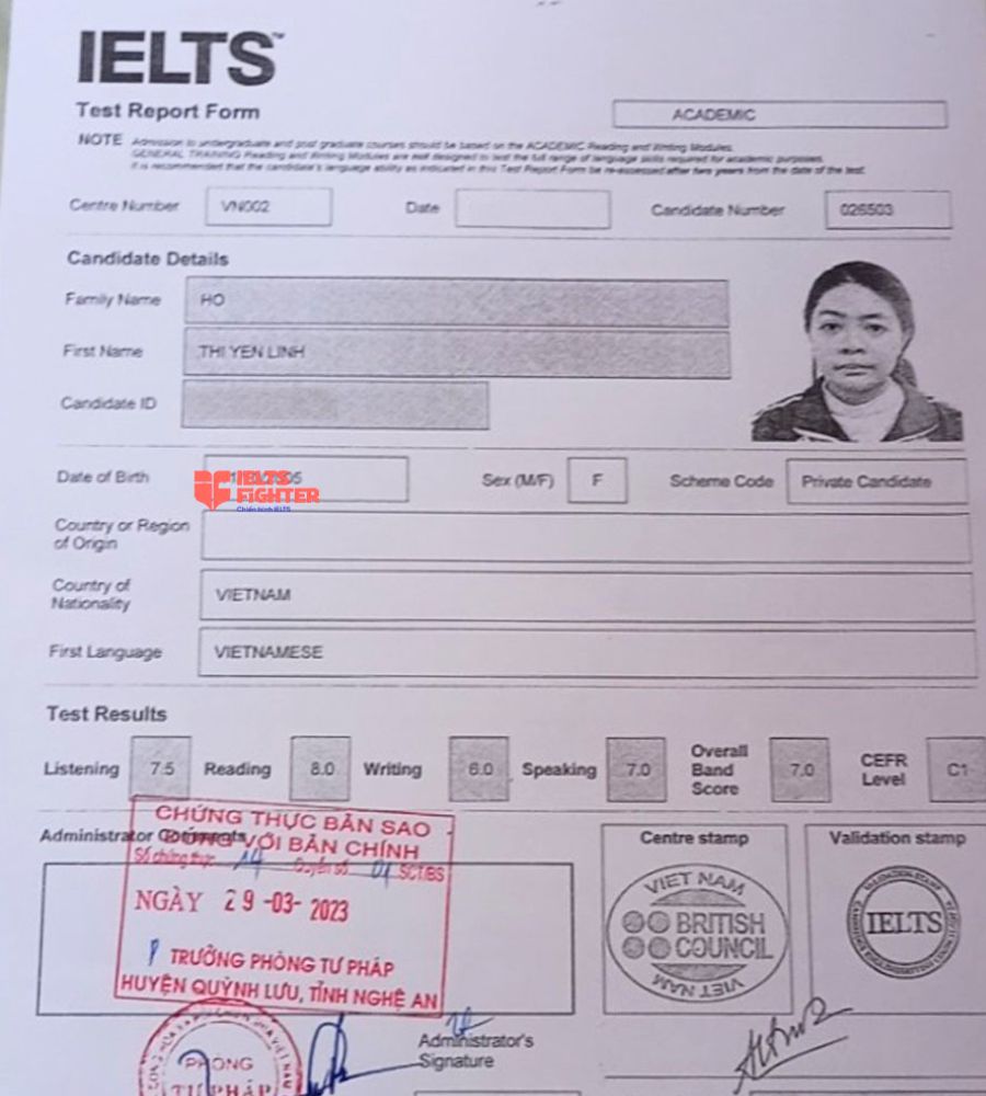 bảng điểm Yến Linh 7.0 IELTS