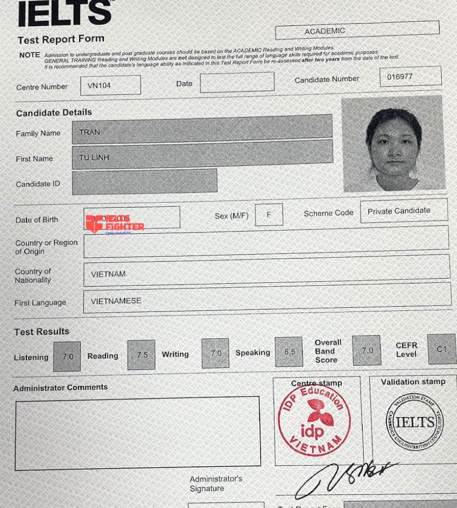 bảng điểm T&uacute; Linh 7.0 IELTS