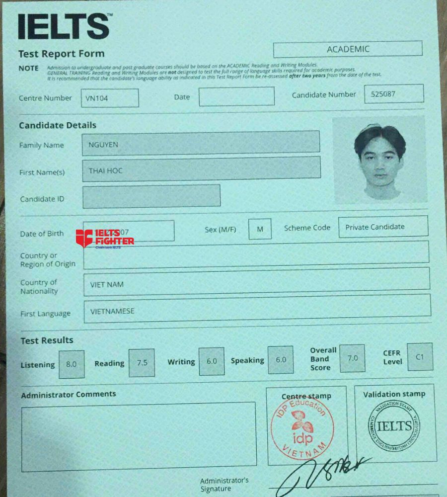 Chứng chỉ Nguyễn Th&aacute;i Học  7.0 IELTS