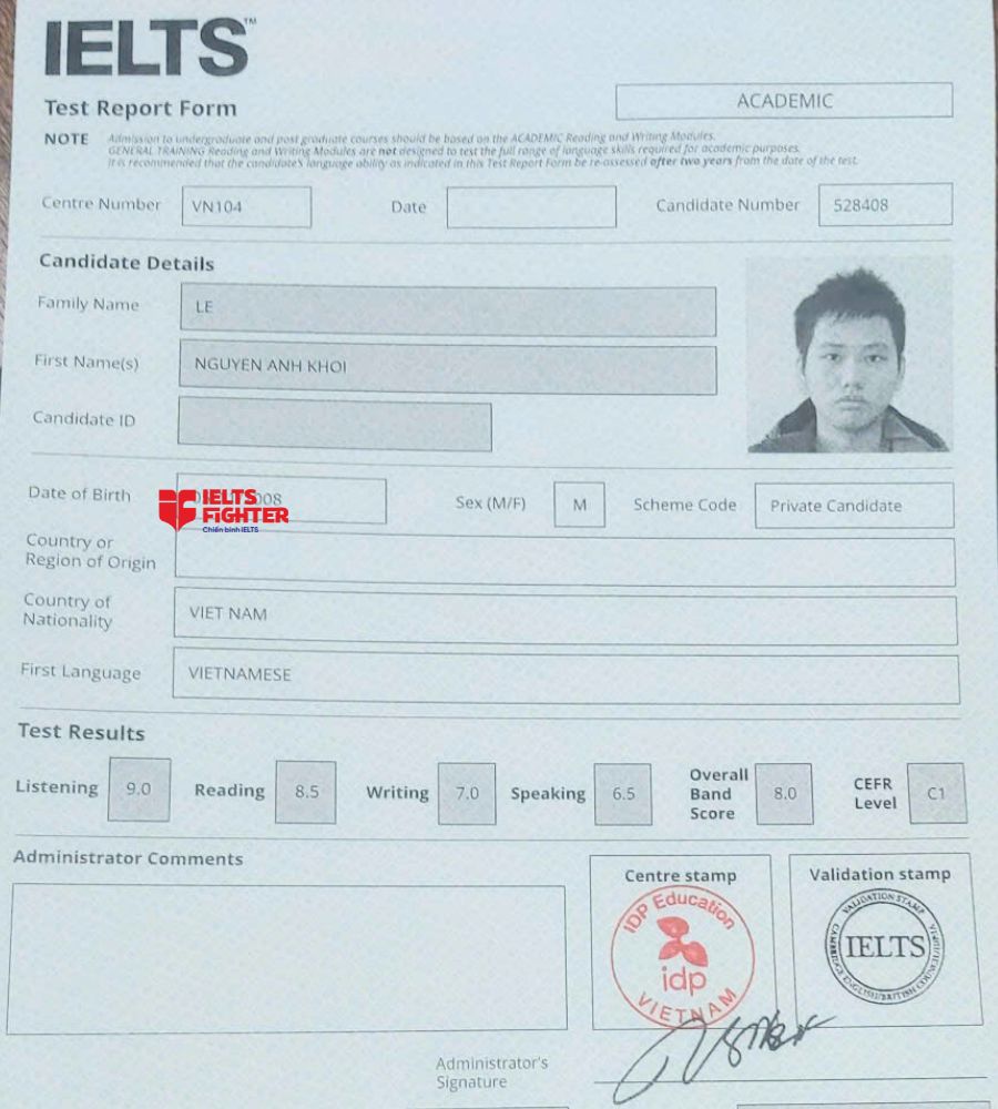Chứng chỉ Lê Nguyễn Anh Khôi 7.0 IELTS\