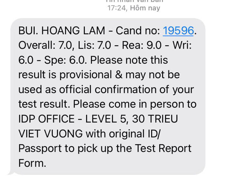 bảng điểm ho&agrave;ng l&acirc;m 7.0 ielts