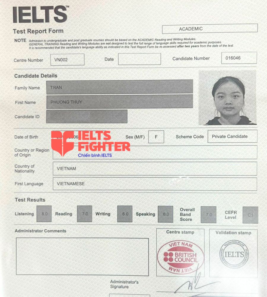 bảng điểm Phương Th&uacute;y 7.0 IELTS