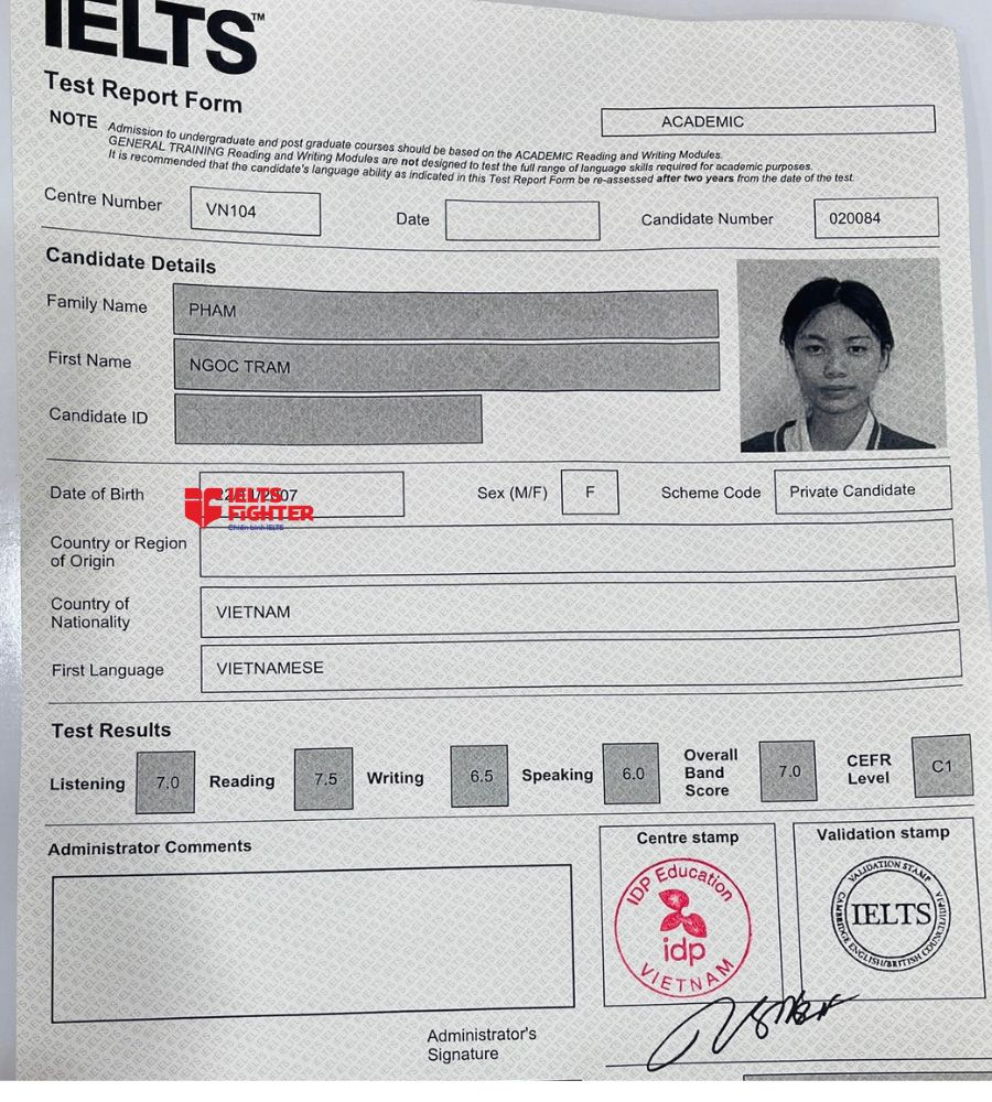 Chứng chỉ Phạm Ngọc Tr&acirc;m 7.0 IELTS
