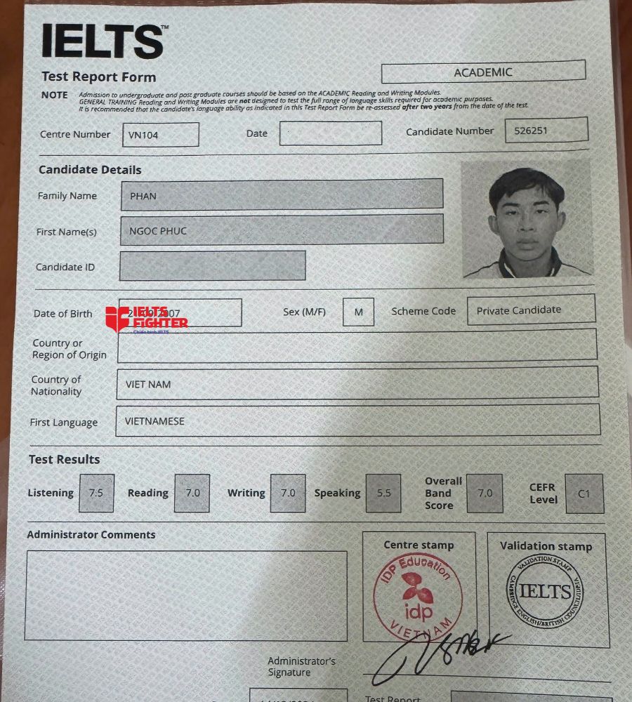 Chứng chỉ Phan Ngọc Ph&uacute;c  7.0 IELTS