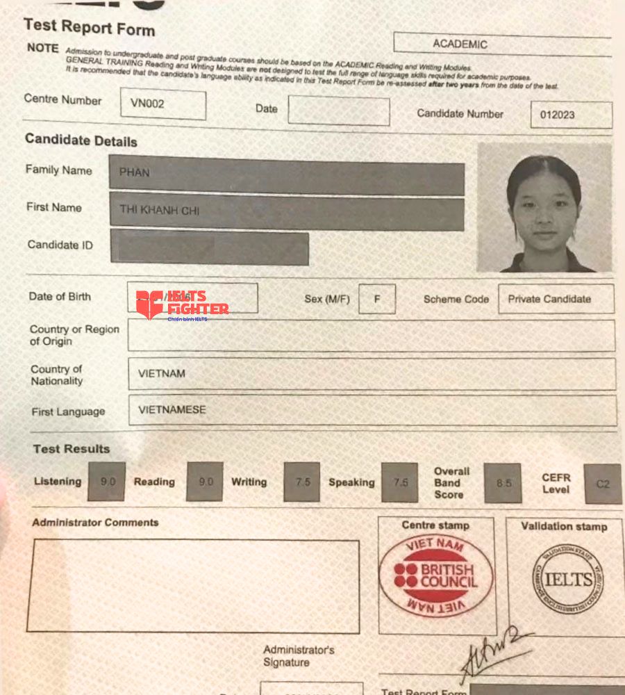 bảng điểm Kh&aacute;nh Chi - học vi&ecirc;n H&agrave; Tĩnh 8.5 IELTS