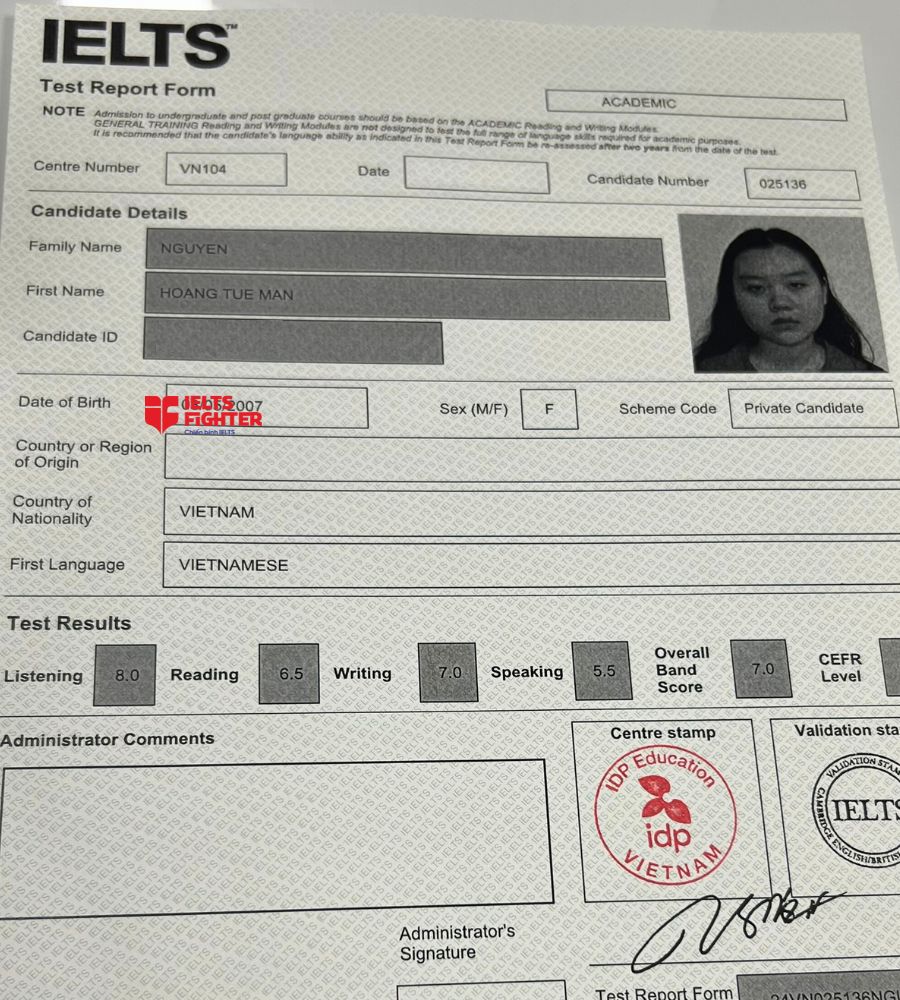 Chứng chỉ Nguyễn Ho&agrave;ng Tuệ Mẫn  7.0 IELTS