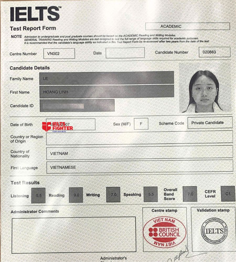 Chứng chỉ L&ecirc; Ho&agrave;ng Linh 7.0 IELTS