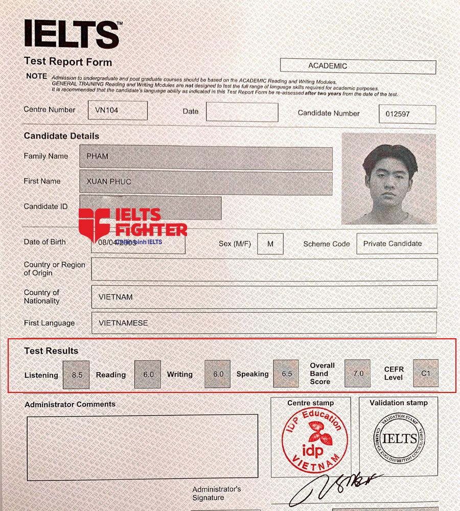 bảng điểm xu&acirc;n ph&uacute;c 7.0 ielts 