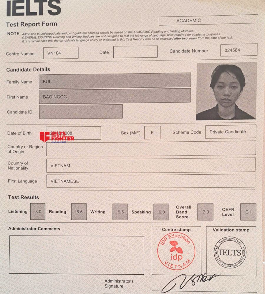 Chứng chỉ Bùi Bảo Ngọc 7.0 IELTS