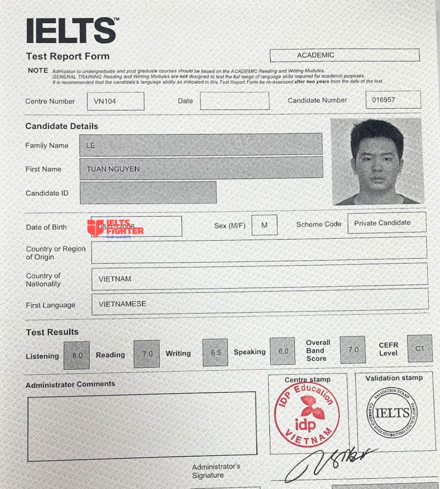 bảng điểm Tuấn Nguy&ecirc;n 7.0 IELTS