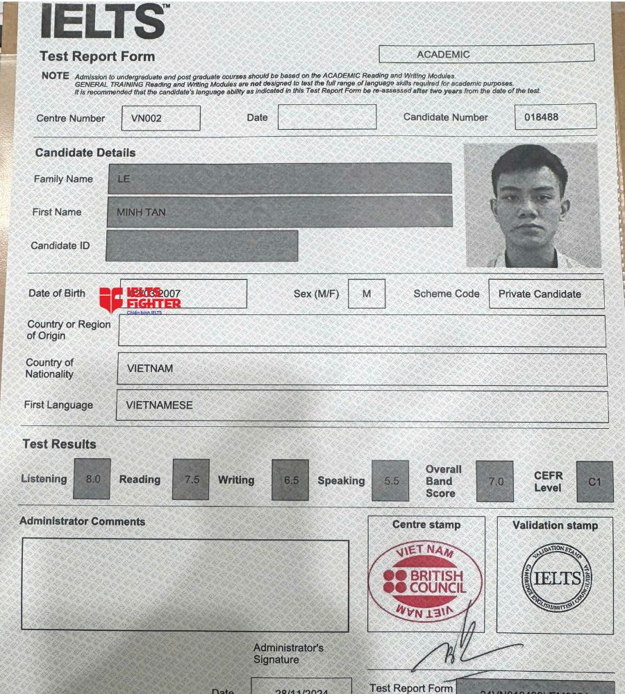 Chứng chỉ L&ecirc; Minh T&acirc;n  7.0 IELTS