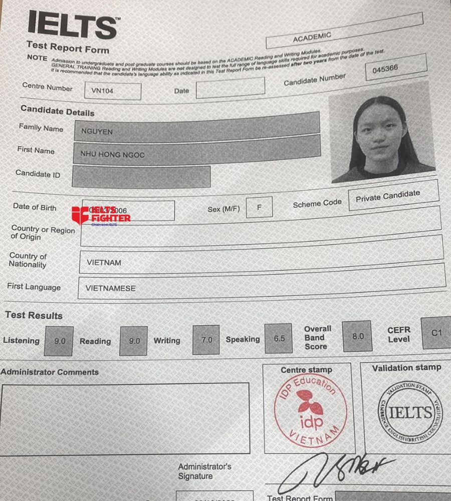 bảng điểm như ngọc 8.0 IELTS