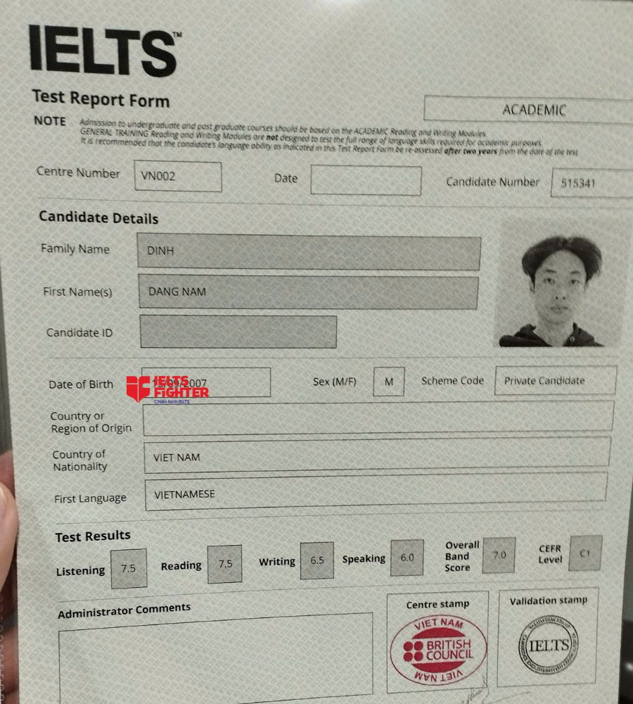 Chứng chỉ Đinh Đăng Nam 7.0 IELTS