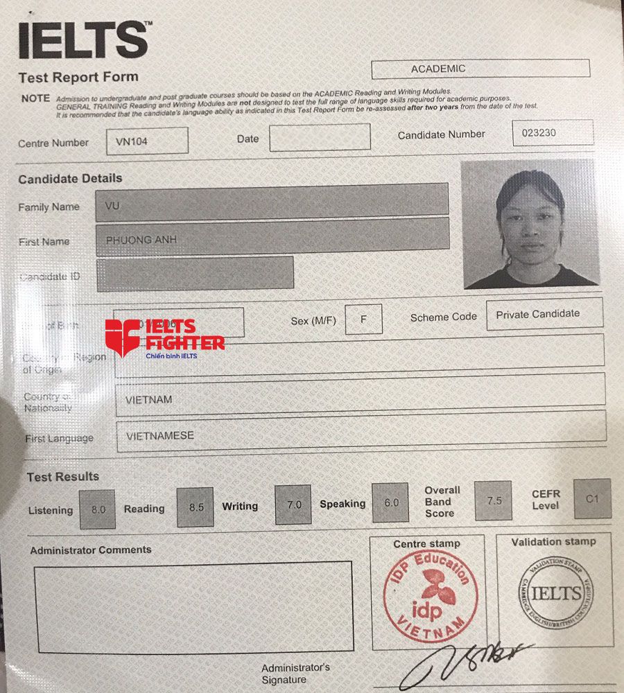 bảng điểm Phương Anh 7.5 IELTS