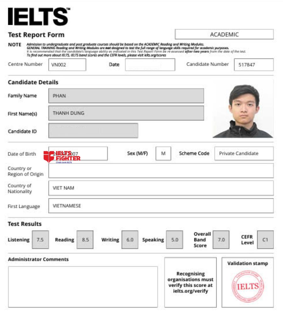 Chứng chỉ Phan Thanh Dũng 7.5 IELTS