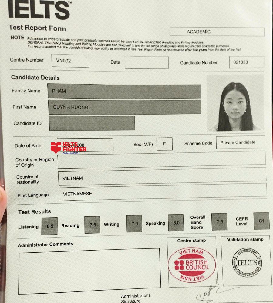 Chứng chỉ Phạm Quỳnh Hương  7.0 IELTS