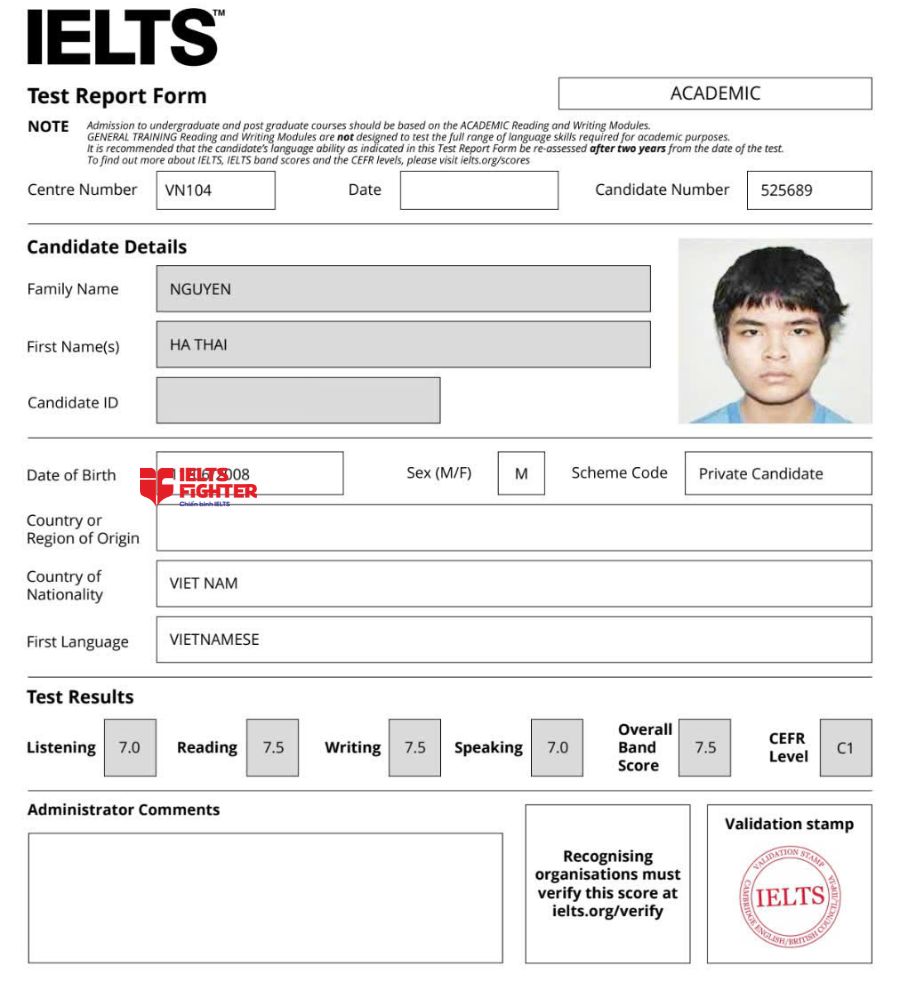 Chứng chỉ Nguyễn H&agrave; Th&aacute;i 7.0 IELTS