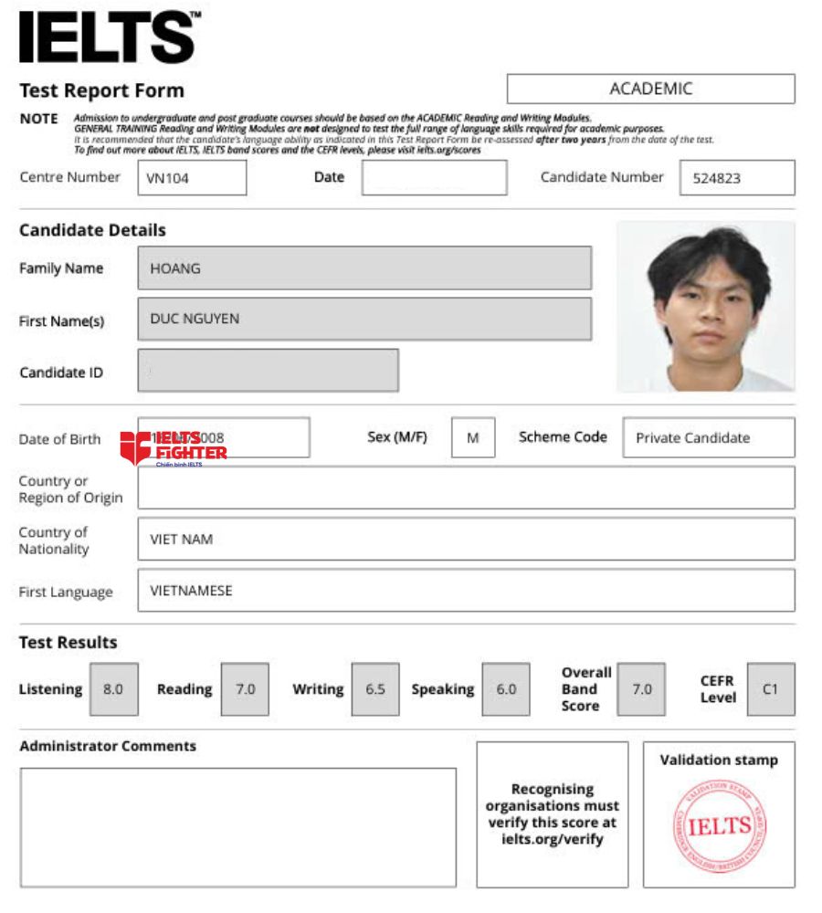 Chứng chỉ Ho&agrave;ng Đức Nguy&ecirc;n 7.0 IELTS