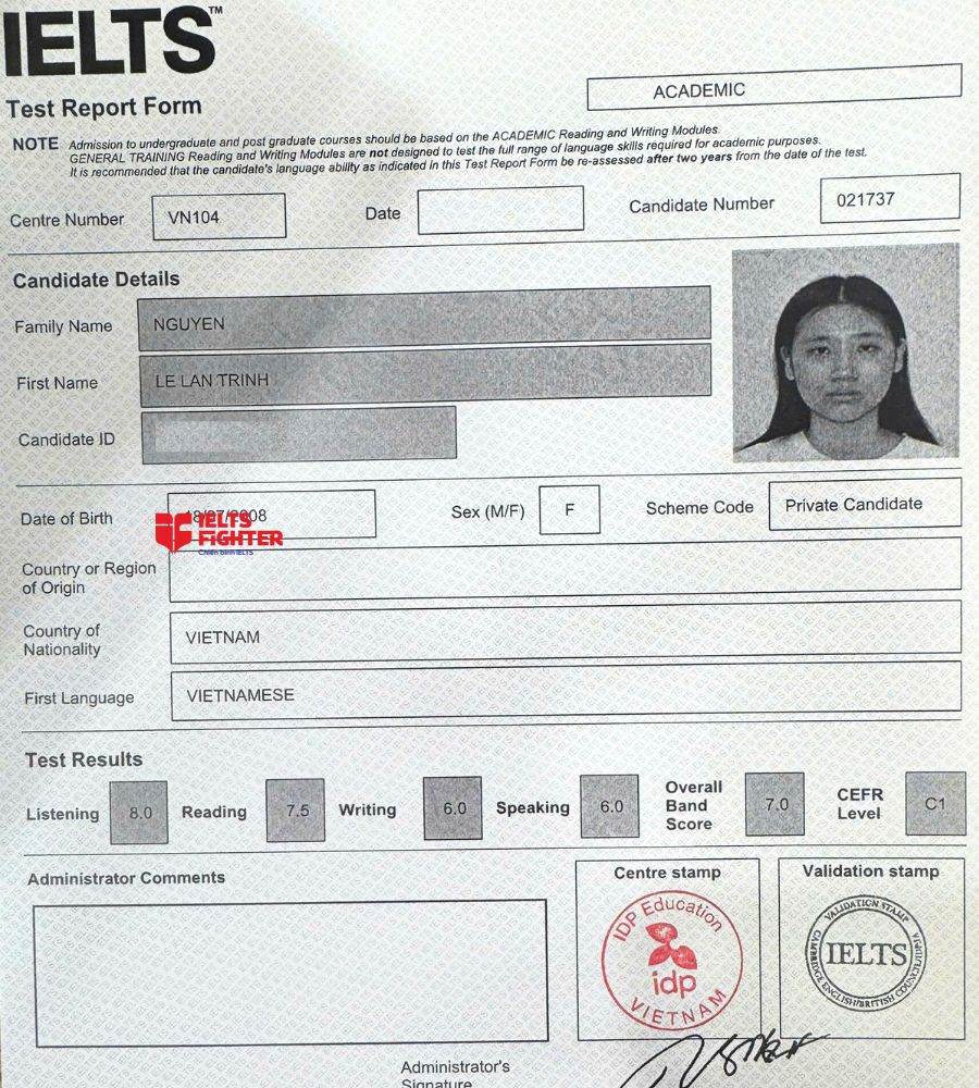 Chứng chỉ Nguyễn L&ecirc; Lan Trinh  7.0 IELTS