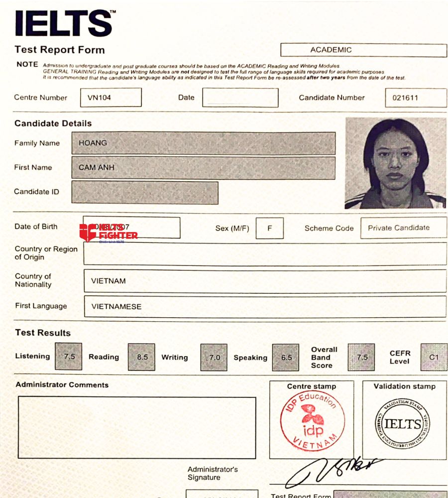Chứng chỉ Hoàng Cẩm Anh 7.0 IELTS