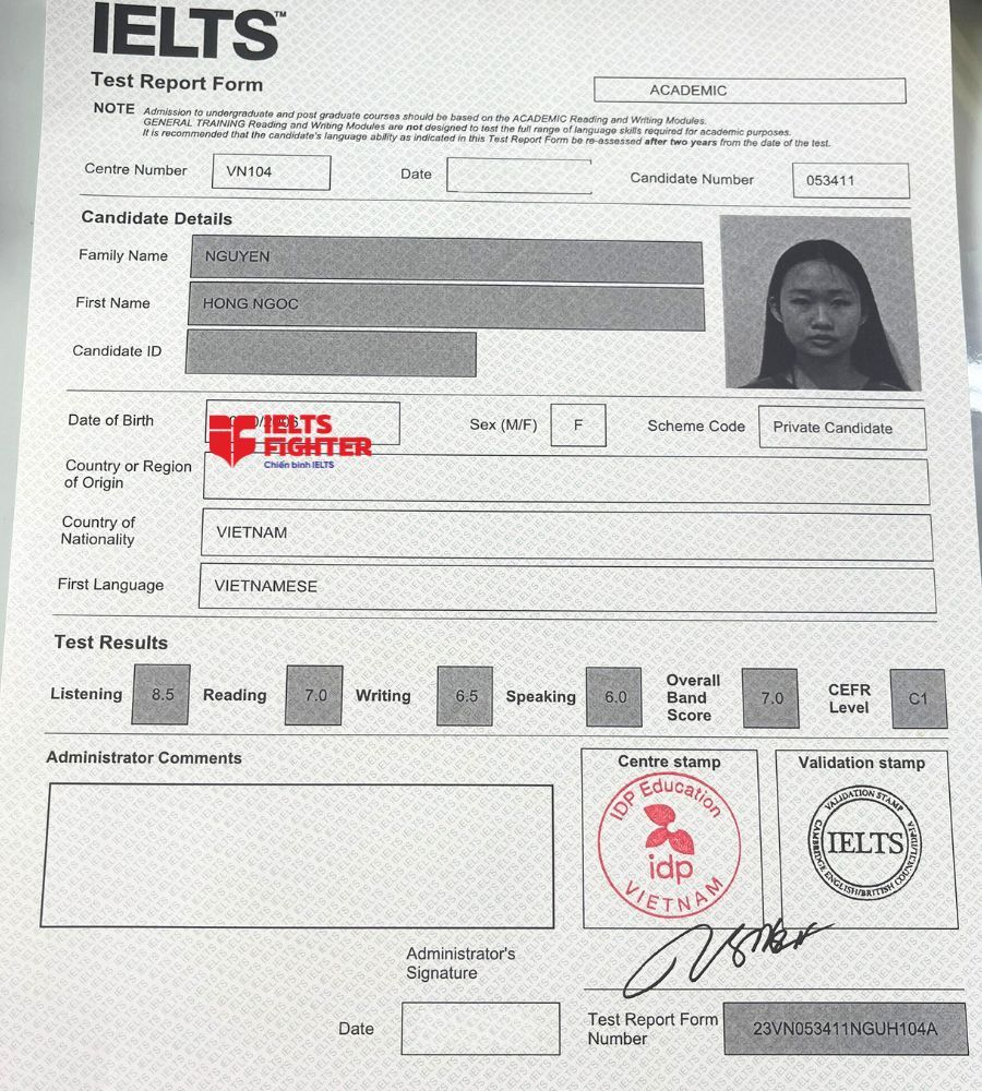 bảng điểm Nguyễn Hồng Ngọc 7.0 IELTS