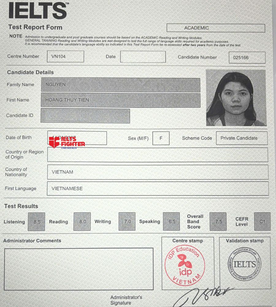 Chứng chỉ Nguyễn Hoàng Thuỷ Tiên 7.0 IELTS