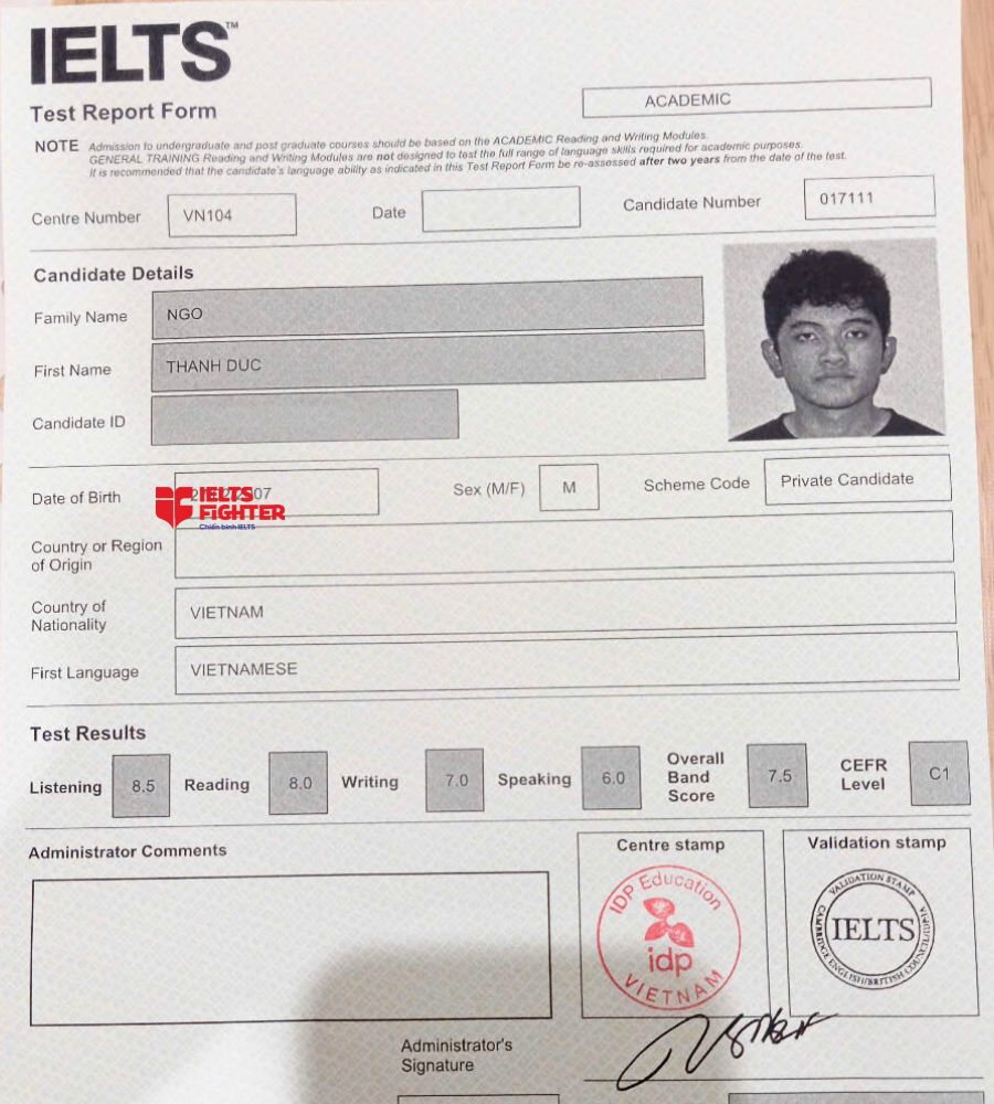 Chứng chỉ Ng&ocirc; Th&agrave;nh Đức 7.0 IELTS