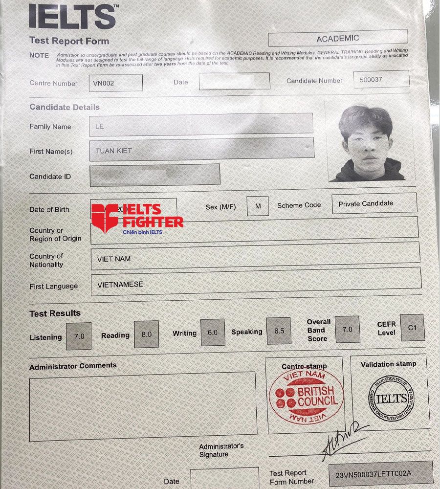 bảng điểm tuấn kiệt 7.0 IELTS