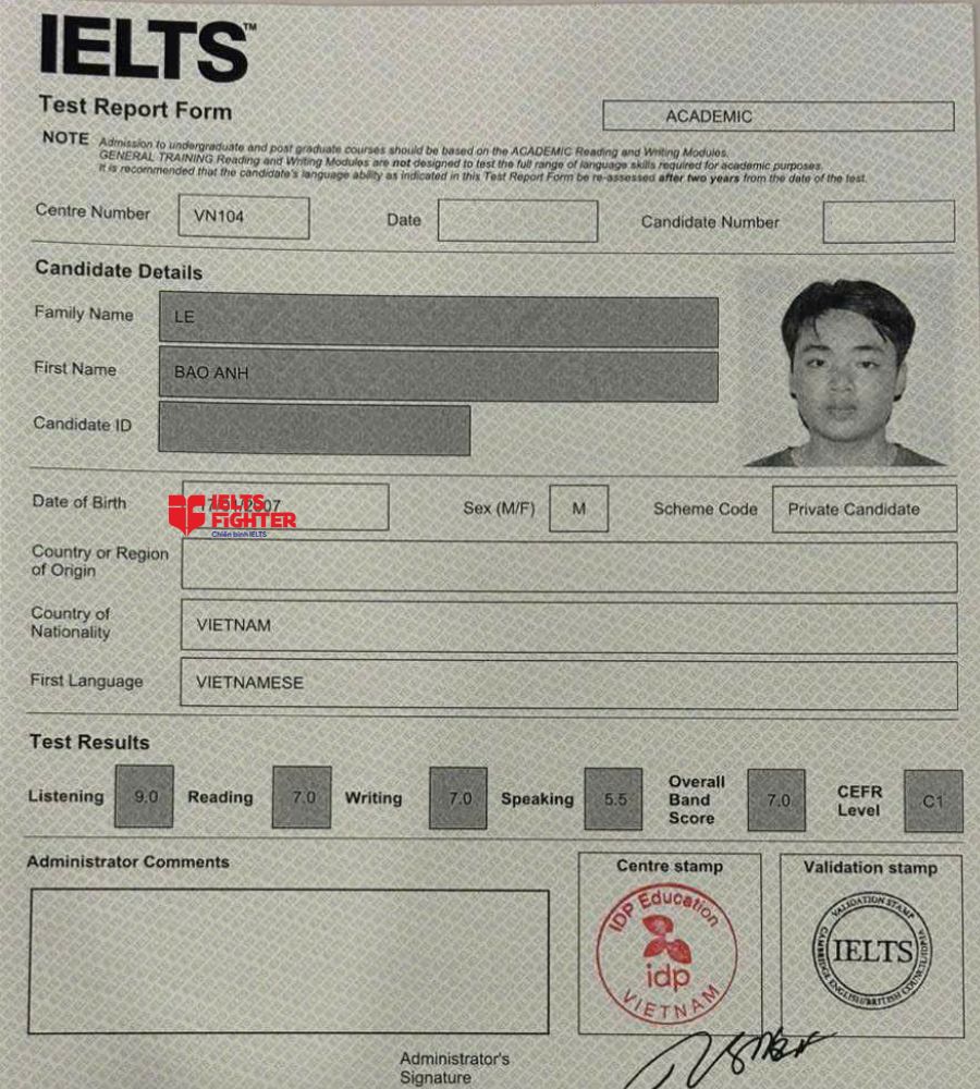 Chứng chỉ L&ecirc; Bảo &Aacute;nh  7.0 IELTS