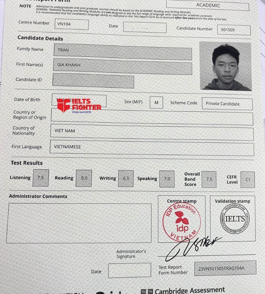bảng điểm Gia Kh&aacute;nh 7.5 IELTS