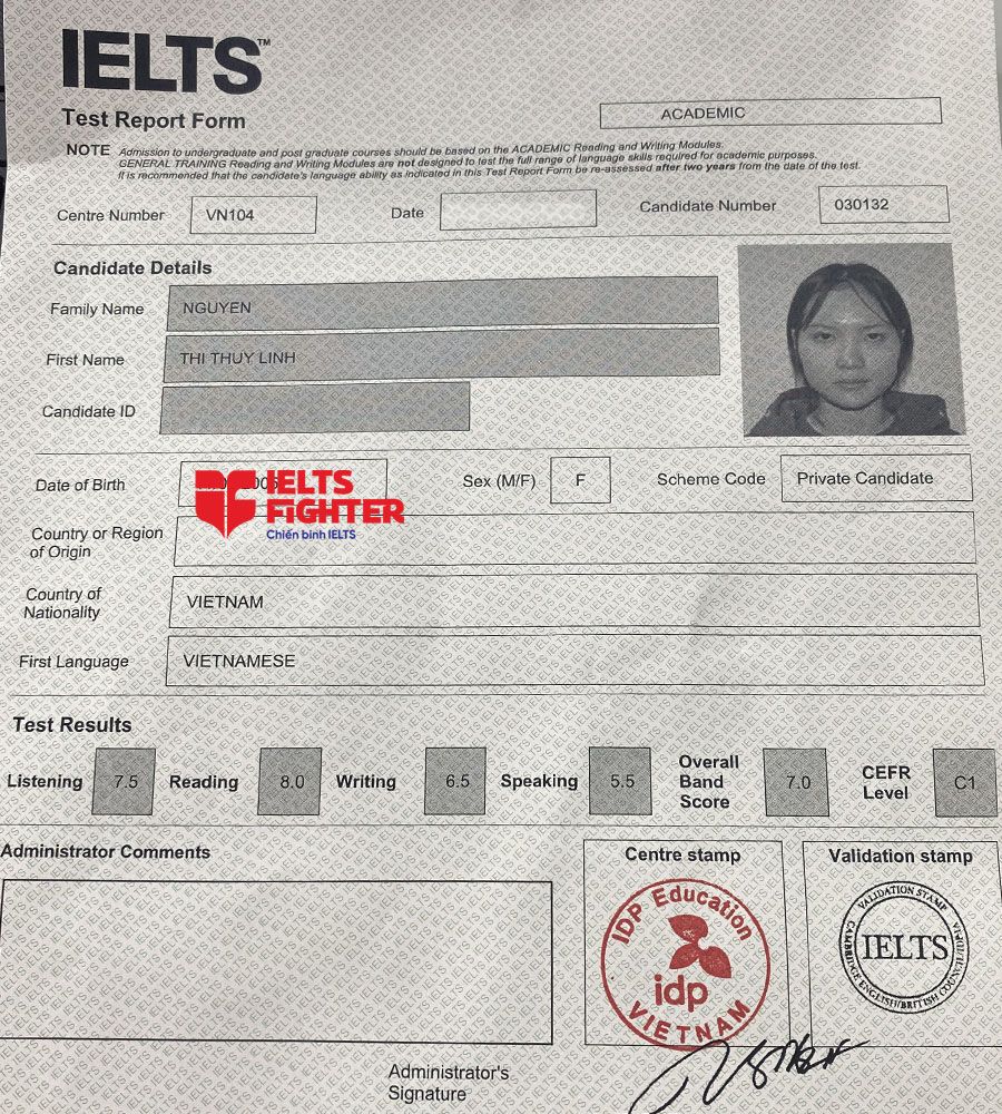bảng điểm th&ugrave;y linh 7.0 ielts 