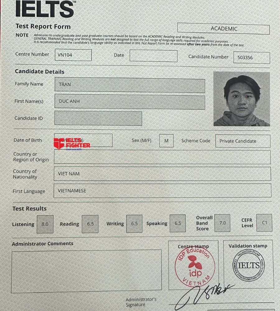 Bảng điểm Trần Đức Anh 7.0 IELTS