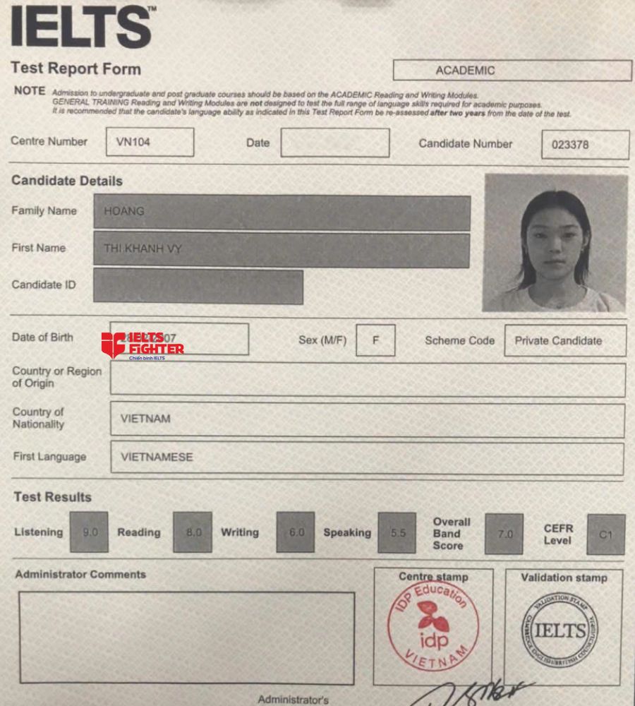 Chứng chỉ Ho&agrave;ng Thị Kh&aacute;nh Vy 7.0 IELTS