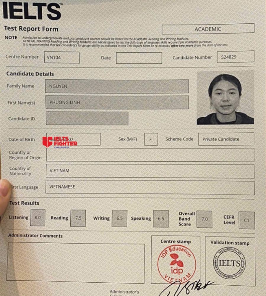 Chứng chỉ Nguyễn Phương Linh 7.0 IELTS