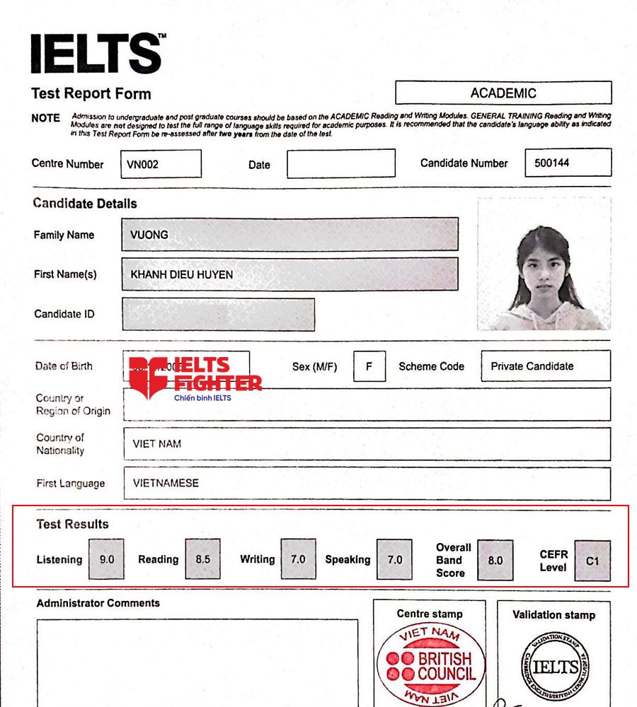 bảng điểm vương kh&aacute;nh huyền 8.0 IELTS 