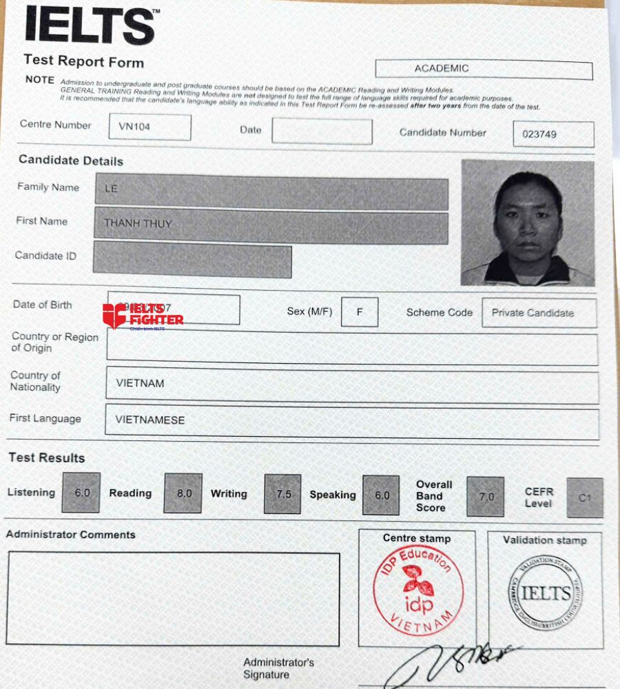 Chứng chỉ L&ecirc; Thanh Thủy 7.0 IELTS