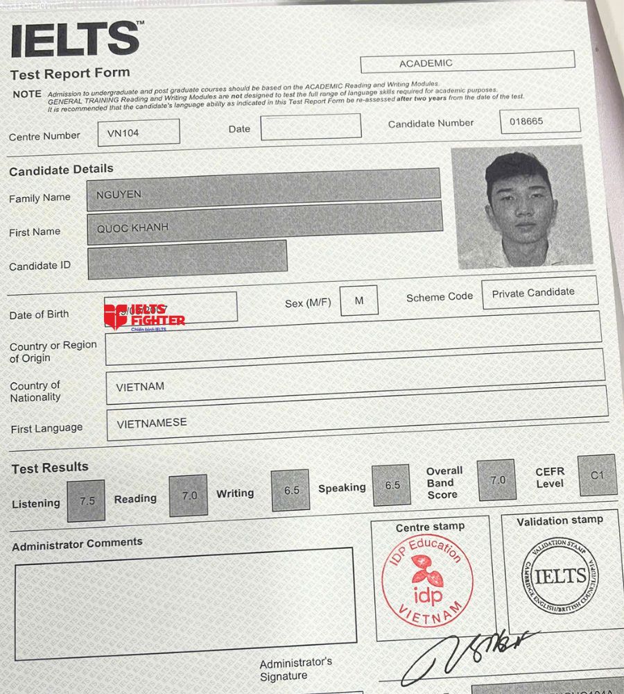 Chứng chỉ Nguyễn Quốc Kh&aacute;nh  7.0 IELTS