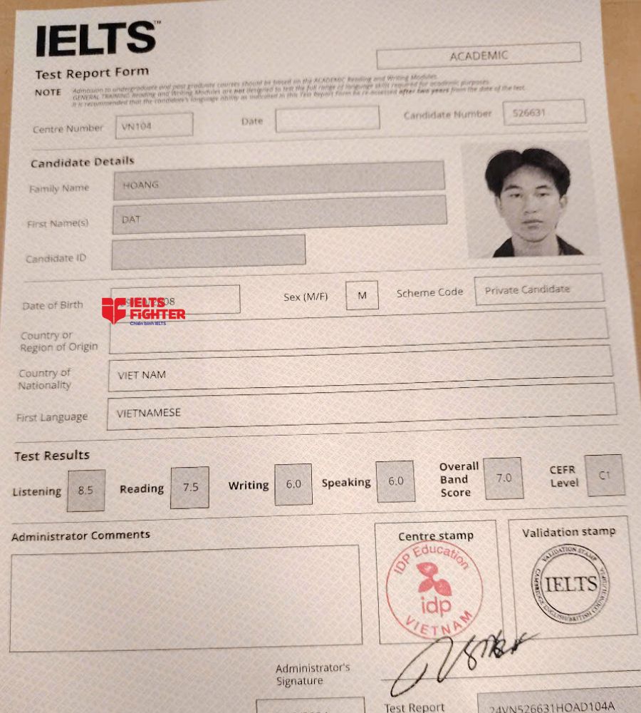 Chứng chỉ Hoàng Đạt 7.0 IELTS