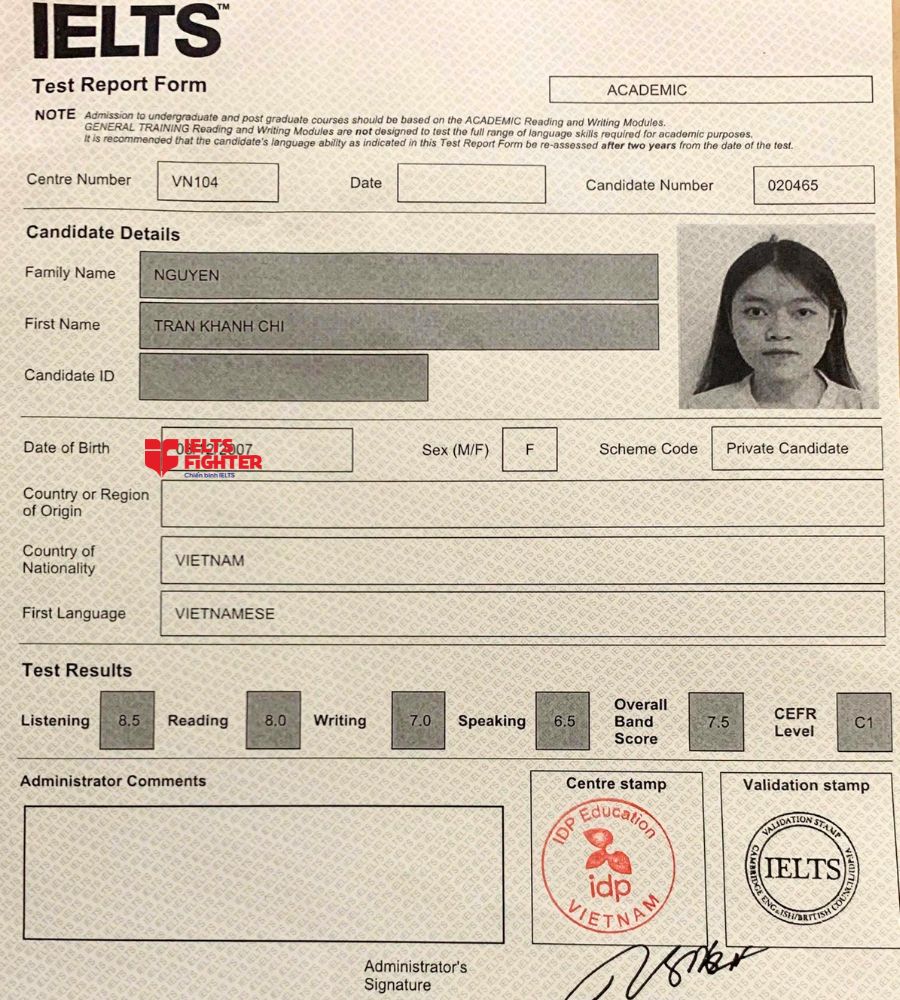 Chứng chỉ Nguyễn Trần Kh&aacute;nh Chi   7.5 IELTS