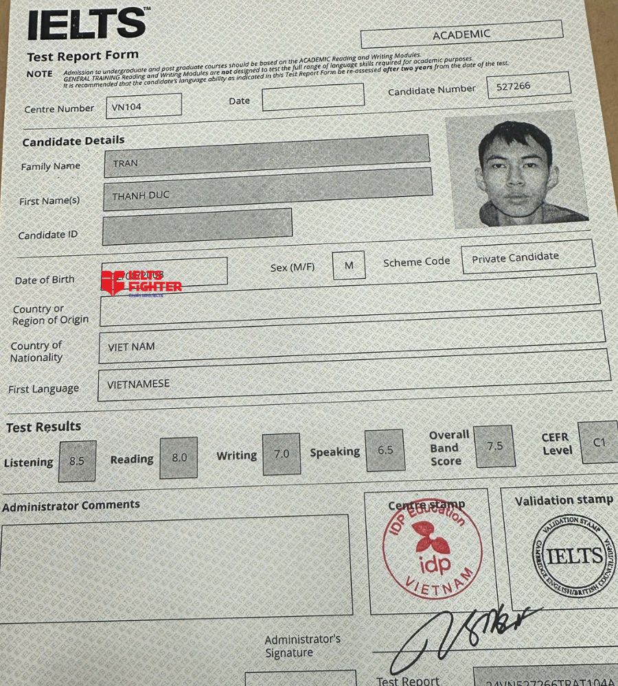 Chứng chỉ Trần th&agrave;nh đức 7.0 IELTS