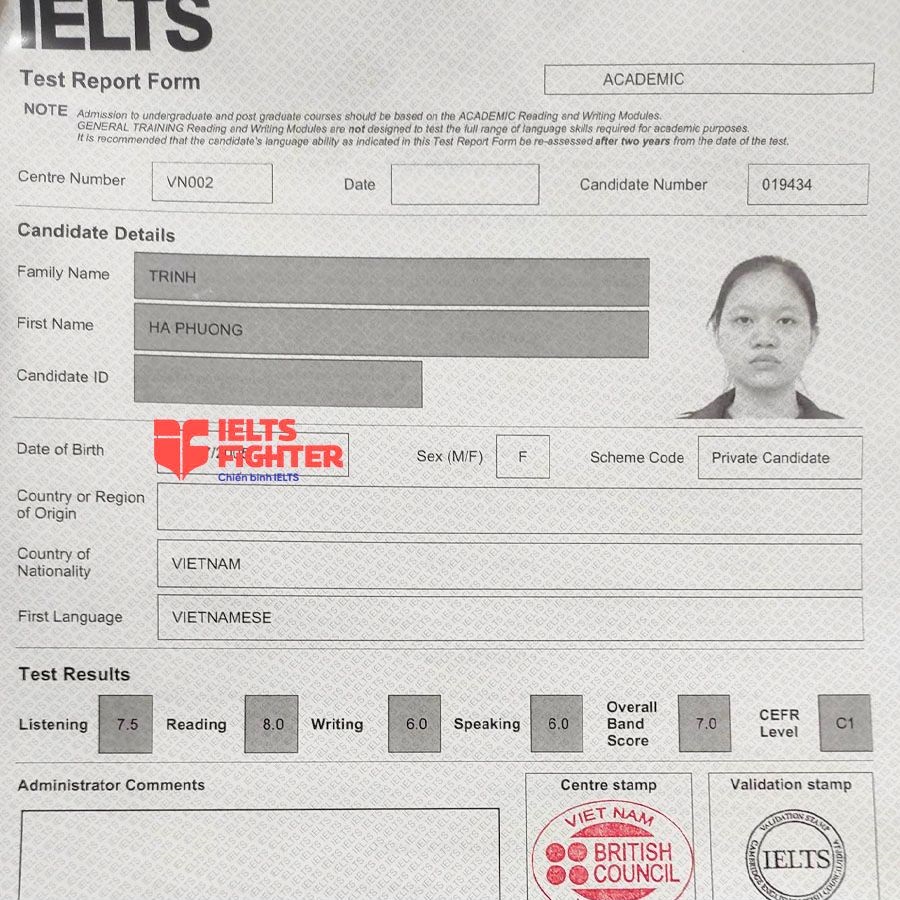 bảng điểm h&agrave; phương - hs thpt amsterdam - 7.0 IELTS