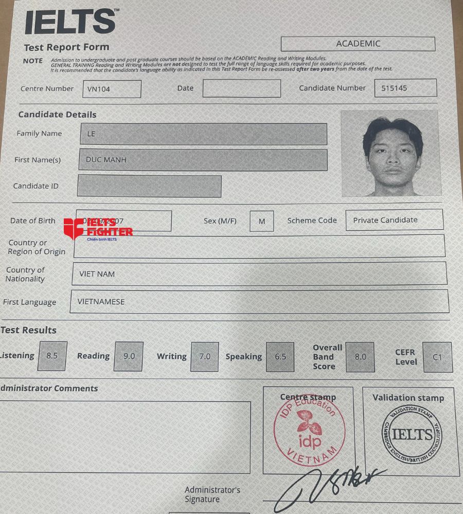 Chứng chỉ L&ecirc; Đức Mạnh  8.0 IELTS