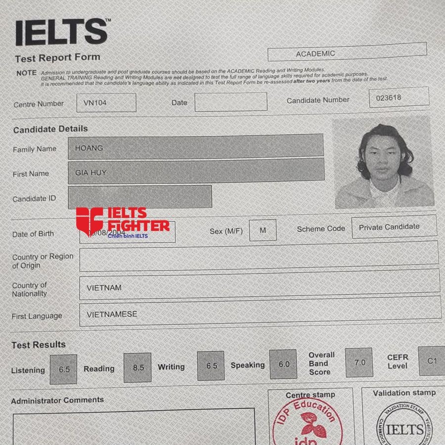 bảng điểm gia huy hs thpt amsterdam - 7.0 IELTS