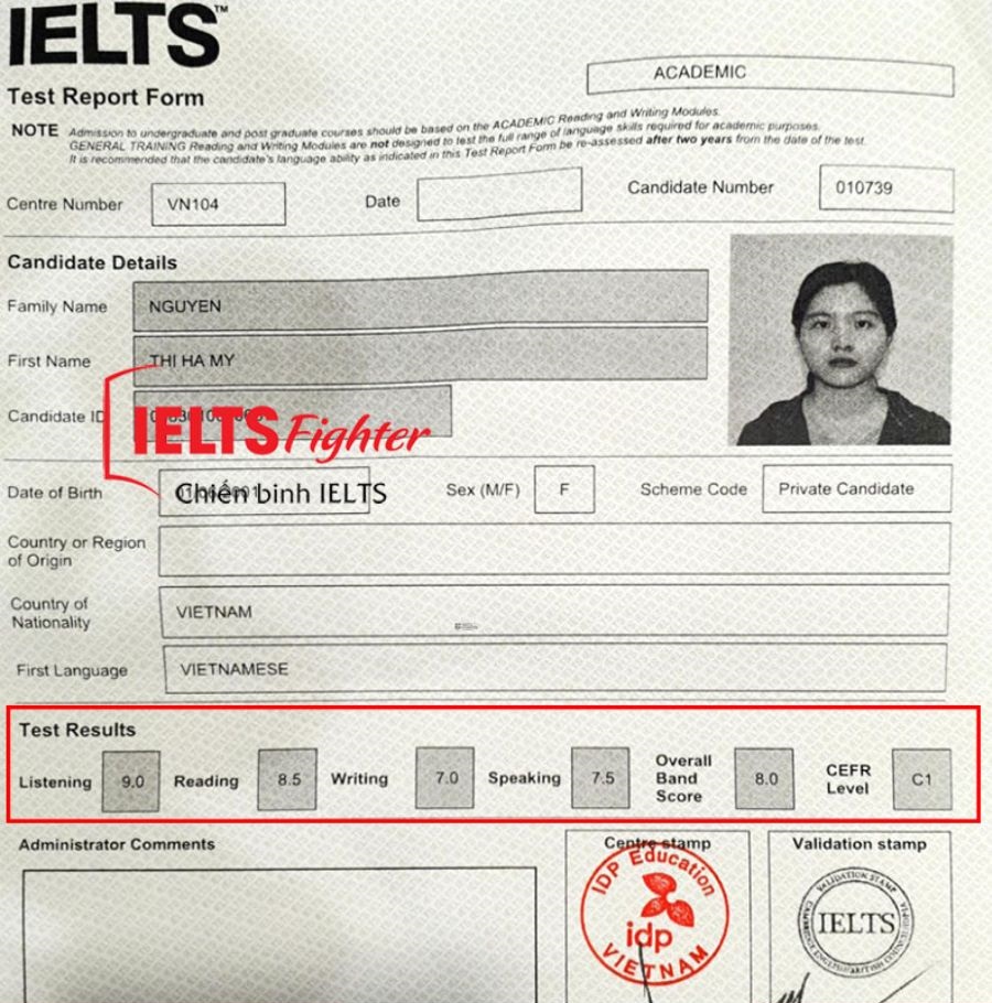Chứng chỉ Nguyễn H&agrave; My&nbsp; 8.0&nbsp;IELTS