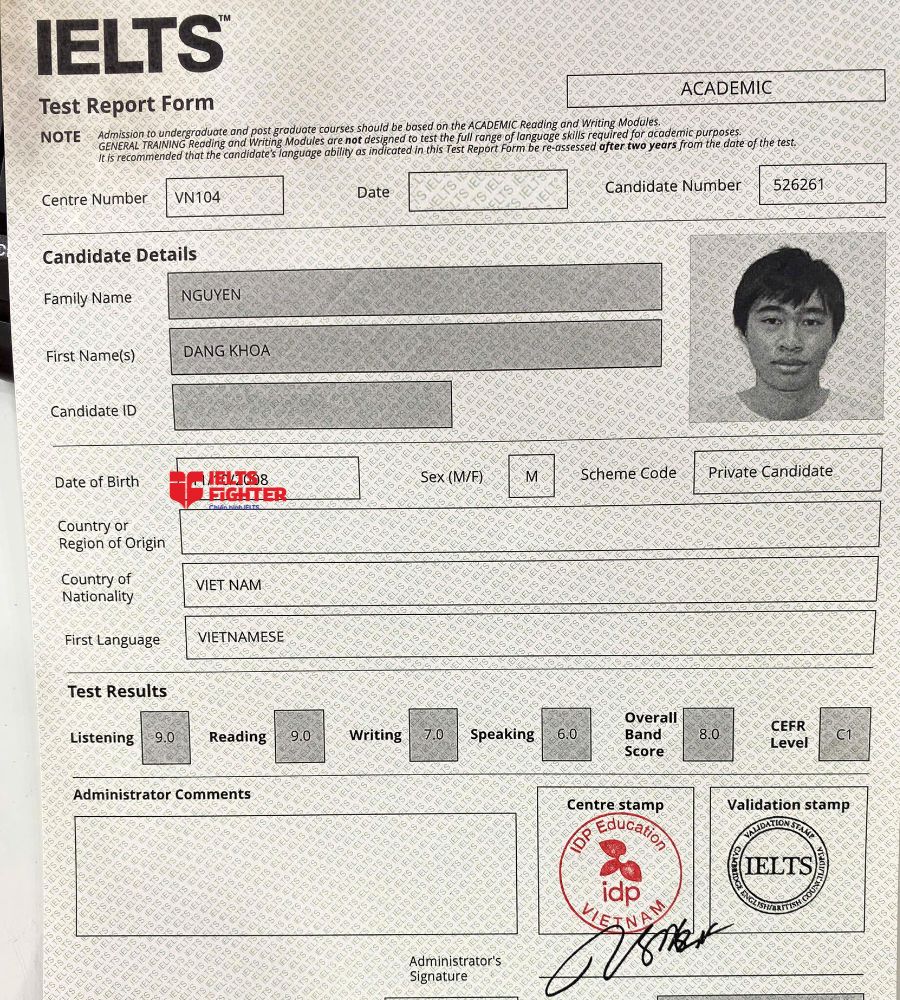 Chứng chỉ Nguyễn đăng khoa 8.0 IELTS
