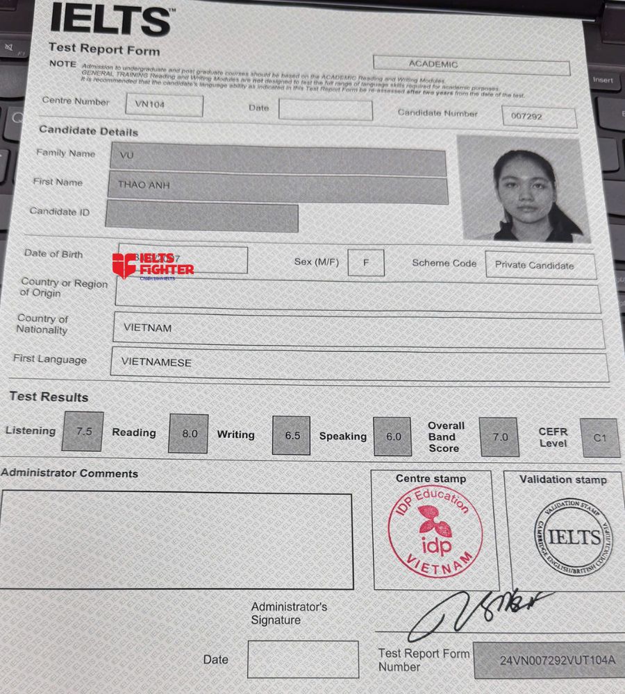Chứng chỉ Vũ Thảo Anh 7.0&nbsp;IELTS