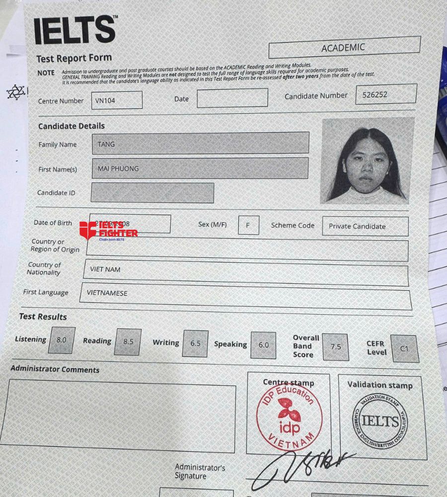 Chứng chỉ Tống Mai Phương 7.5 IELTS