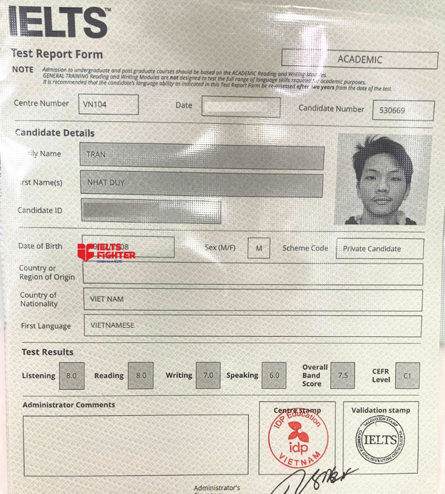 Chứng chỉ Trần Nhật Duy  7.5 IELTS